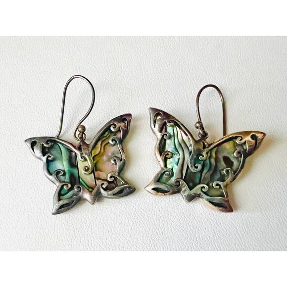 Vintage Sterling Silver Butterfly Earrings Abalone Inlay Dangle 925 CFJ Thai - Picture 1 of 10